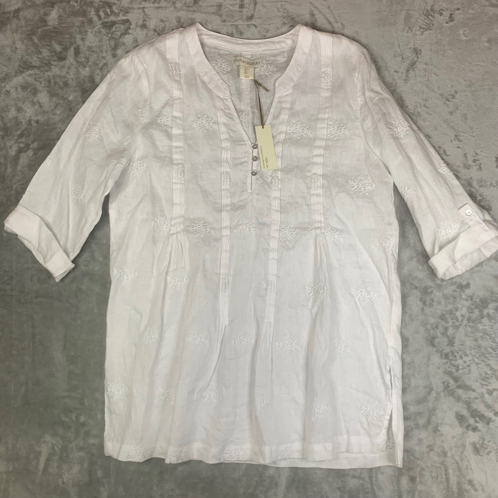 NWT Cynthia Rowley 100% Linen White Floral Embroidered Roll-Tab Tunic Top Large